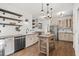 Open kitchen featuring floating shelves, stainless steel appliances, kitchen island and modern lighting at 1745 Habersham Marina Rd, Cumming, GA 30041