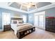 Spacious bedroom with a tray ceiling, french doors, and stylish furniture at 109 Lighthorse Blvd, Mcdonough, GA 30252