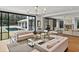 Spacious living room with stylish furniture, a fireplace, and large sliding glass doors to the pool at 258 Pineland Nw Rd, Atlanta, GA 30342