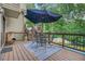 Outdoor deck featuring an umbrella covered table with seating and wooded views at 2666 Peachtree Walk, Duluth, GA 30096