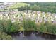 Panoramic aerial view of a residential neighborhood adjacent to a serene lake and mature trees at 6329 Granbury Walk, Acworth, GA 30101
