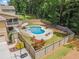 Aerial view of backyard with a fenced pool and manicured lawn at 212 Wilshire Ter, White, GA 30184