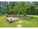 This backyard has a wooden deck with chairs, plus green grass and trees all around the space at 326 Seldom Seen Trl, Canton, GA 30115