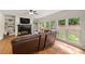 Living room features a fireplace, built-in shelving and multiple windows at 542 Fairway Dr, Woodstock, GA 30189