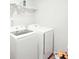 Bright laundry room with white washer and dryer and a wire shelf at 20 Sloane Ct, Covington, GA 30016