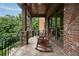 Relaxing outdoor patio features stone columns, rocking chairs and views of the lush surrounding landscape at 3155 Wills Mill Rd, Cumming, GA 30041
