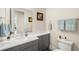 Well-lit bathroom featuring gray cabinets, white countertop, and modern fixtures at 7519 Waterview Cv, Douglasville, GA 30135