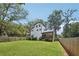 Exterior back of home and lush lawn enclosed with a wooden fence and green trees at 3087 Alston Dr, Decatur, GA 30032