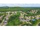An aerial view shows a house in a neighborhood surrounded by mature trees and some community amenities at 1140 Promontory Drive, Marietta, GA 30062