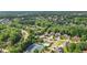 An aerial view showing a neighborhood, community pool and tennis courts surrounded by mature trees at 1140 Promontory Drive, Marietta, GA 30062