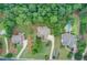 Aerial view of three large homes in a wooded area, one with an in-ground pool at 13067 Overlook Pass, Roswell, GA 30075