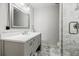 Modern bathroom with granite counters, vanity with drawers, and glass enclosed shower at 656 Gunby Se Rd, Marietta, GA 30067