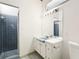Bathroom with blue tiled shower, light fixtures, and tiled floors at 3861 Foxford Dr, Atlanta, GA 30340