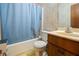 Bathroom with a blue shower curtain, floral wallpaper, vanity, and toilet at 267 Firecreek Rdg, Lawrenceville, GA 30046