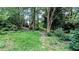 Backyard featuring mature trees, green grass, and a storage shed at 5508 Zanola Sw Dr, Mableton, GA 30126