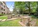 Outdoor kitchen with stone counters, built-in grills, picnic table, and green grass at 625 Piedmont Ne Ave # 105, Atlanta, GA 30308