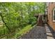 Exterior side yard with brick, AC unit, wooden deck, and stone path at 2892 Guinevere Ne Dr, Atlanta, GA 30345