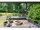 Beautiful fire pit area with a stone surround, seating, and lush greenery, creating a cozy outdoor retreat at 609 Hearth Pl, Lawrenceville, GA 30043