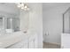Bright bathroom featuring a large vanity with a framed mirror and a glass-enclosed shower at 5126 Wellsley Bnd, Alpharetta, GA 30005