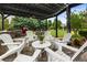 Outdoor patio featuring a fan, brickwork, multiple chairs, and greenery, perfect for relaxation at 4010 Cameron Ct, Cumming, GA 30040