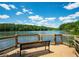 Picturesque lake view from a wooden deck with a bench, framed by lush trees and a blue sky at 4304 Berkford Ne Cir, Brookhaven, GA 30319