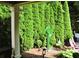 Backyard featuring a line of tall trees, decorative garden art, pink Adirondack chairs, and a small patio at 1951 Barrett Knoll Nw Cir, Kennesaw, GA 30152