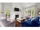 Comfortable living room with fireplace, vaulted ceilings, and backyard views at 6440 Westchester Pl, Cumming, GA 30040