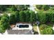 Aerial view of backyard featuring a dark, in-ground swimming pool and well manicured landscaping at 4663 Mossey Dr, Lithonia, GA 30038