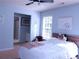 Cozy bedroom featuring light blue walls, a ceiling fan, and ensuite bathroom access, bathed in natural light at 2720 Stillwater Lake Ln, Marietta, GA 30066