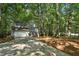 Charming two-story home with a gray exterior and a two-car garage and driveway nestled in a wooded lot at 545 Woodman Pl, Roswell, GA 30076