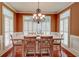 Dining room featuring wood floors, wainscoting, and large windows with plantation shutters at 116 Archstone Sq, Mcdonough, GA 30253