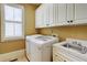 Bright laundry room with white appliances, window, cabinetry, and sink at 116 Archstone Sq, Mcdonough, GA 30253