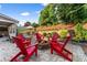 Backyard fire pit features red Adirondack chairs and lush landscaping at 5157 Sunlake Dr, Hoschton, GA 30548