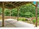Covered patio overlooking a tranquil backyard garden with a small pond at 345 Riverstone Dr, Hiram, GA 30141