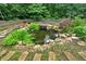 Landscaped backyard pond with wooden bridge, rocks, and lush foliage surrounded by trees at 345 Riverstone Dr, Hiram, GA 30141