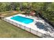 Aerial view of a private backyard swimming pool surrounded by a black fence and lush landscaping at 7804 Gusty Trl, Douglasville, GA 30135