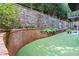 A manicured backyard with a stone retaining wall, brick planter, and artificial grass at 3280 Stillhouse Se Ln # 108, Atlanta, GA 30339