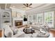 Inviting living room with fireplace, tray ceiling, lots of windows, and neutral decor at 7615 Laurel Oak Dr, Suwanee, GA 30024