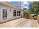 Back deck of home featuring wood floors, door to enter the home and views of the back yard at 11100 Chandon Way, Johns Creek, GA 30097