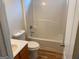 Full bathroom featuring a single sink vanity and a shower-tub combination at 7981 Gossamer Dr, Fairburn, GA 30213