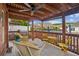 Inviting covered patio with comfortable seating, a ceiling fan, and views of the pool and lush landscaping at 333 Lauren Ln, Woodstock, GA 30188