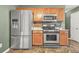 A functional kitchen featuring stainless steel appliances, wooden cabinets and a mosaic backsplash at 6799 Hill Creek Cv, Lithonia, GA 30058
