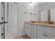 Neutral toned bathroom with double vanity, granite countertops, and modern fixtures at 3487 Binghurst Rd, Suwanee, GA 30024