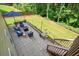 Elevated view of a patio area with outdoor seating, a fire pit, and a manicured lawn at 1680 Laleiah Dr, Cumming, GA 30041