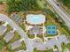 Overhead shot showcasing the community pool, tennis courts, clubhouse, parking lot, and garden at 309 Mcdaniel Pl, Canton, GA 30115
