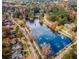 Breathtaking aerial view of a serene lake surrounded by lush trees and charming neighborhood streets at 301 Cobblestone Trl, Avondale Estates, GA 30002