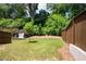 Backyard featuring wooden fence, green grass, and retaining wall at 203 Holden Way, Woodstock, GA 30189