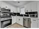 Modern kitchen with stainless steel appliances and white cabinetry against a black marbled backsplash at 2508 Wagon Trce, Duluth, GA 30096