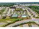 Aerial view of community showcasing the neighborhood layout, including pool, tennis courts, pond, and homes at 4154 Hawking Dr, Suwanee, GA 30024