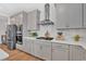 Modern kitchen showcasing stainless steel appliances, light gray cabinetry, and white backsplash and countertop at 87 Rushing View Gln, Dallas, GA 30157
